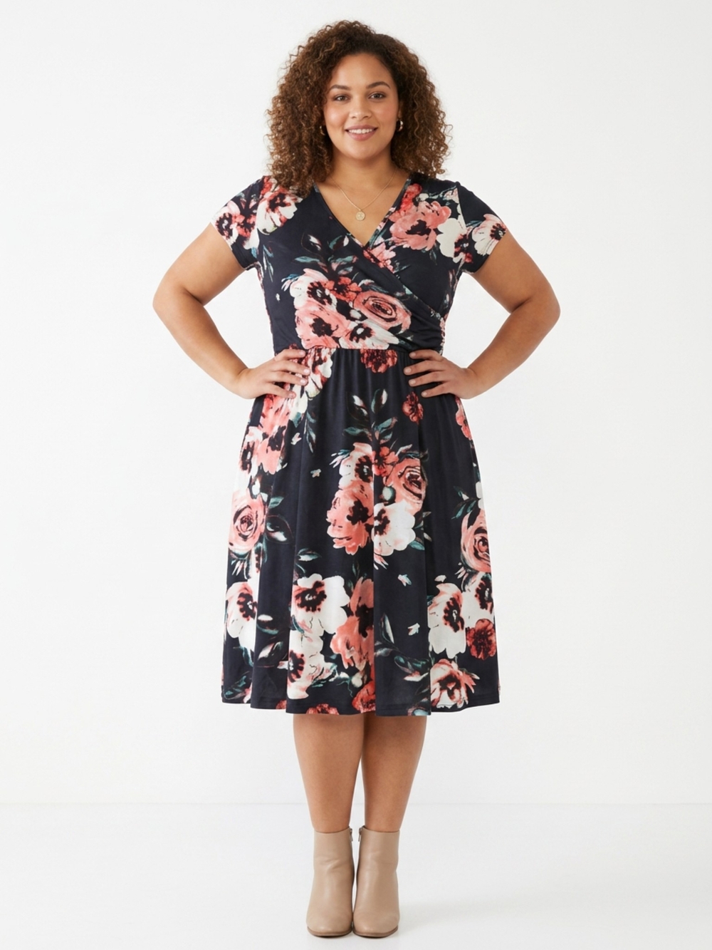 NWT II ININ Black Floral Faux Wrap Midi Dress with Pockets Size XL